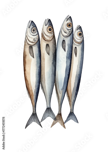 Sea watercolor pattern. Sardines, fish, herring. Simple decor in Scandinavian style in soft blue and brown tones. For wrapping paper, fabric. Vector