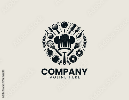 Chef hat bakery tools black vector logo illustration 