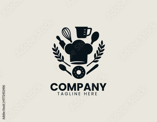 Chef hat bakery tools black vector logo illustration 