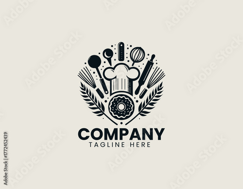 Chef hat bakery tools black vector logo illustration 