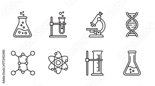 Set of scientific icons including dna microscope beakers and molecular structures for research and discovery vector