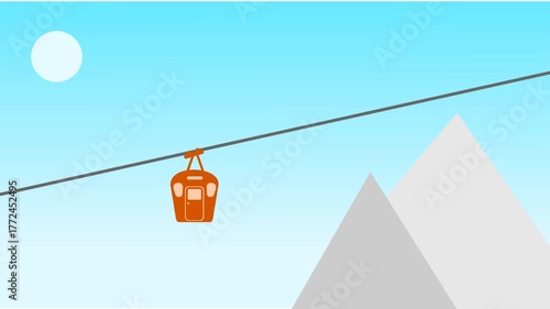 Cable car traversing snowy mountains. Minimalist ski resort travel animation.