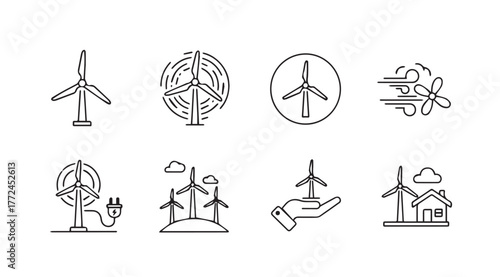 Set of hand-drawn wind turbine icons representing renewable energy and sustainability concepts vector