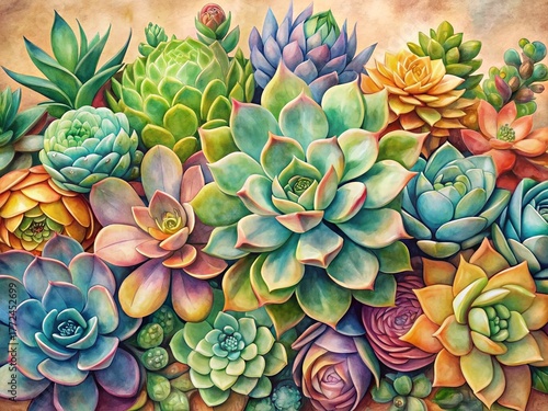 Beige Background Succulent Watercolor Botanical Illustration