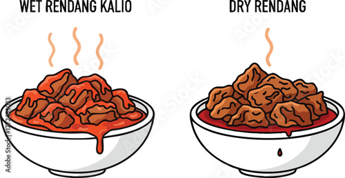 Two Bowls of Beef Rendang A Wet Kalio Style and a Dry Style Side By Side on White Background with Steam Rising