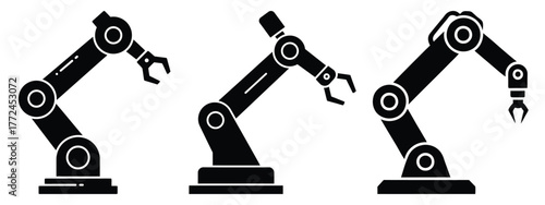industrial robot arm icon set, black color and white background