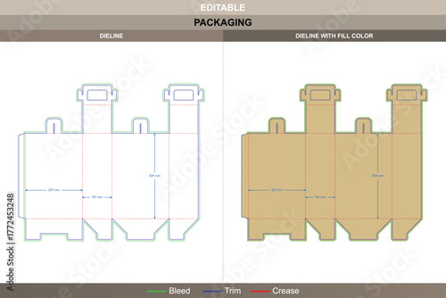 Paper box with handle dieline crafted by technical vector arrangement refining printing process and packaging fold die line layout controls side buckle alignment perfectly