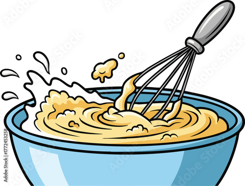 Cartoon Illustration Of Yellow Batter Being Whisked In A Light Blue Bowl With Splashes Of Batter Flying Outward On A White Background