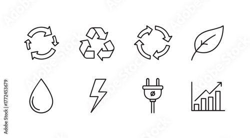 Hand drawn icons representing ecology sustainability energy and growth with water leaf and plug symbols vector