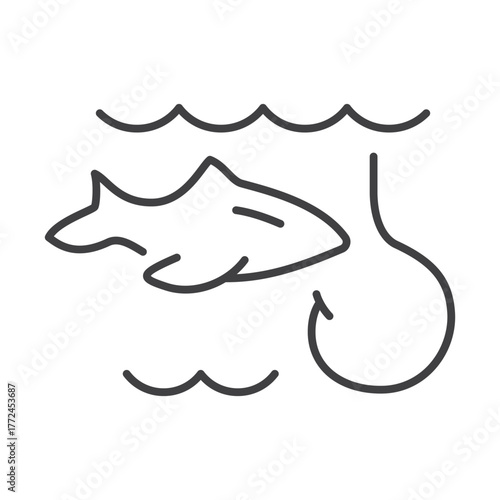 A lineart illustration shows a fish under wavy lines representing water A fishing hook hangs nearby