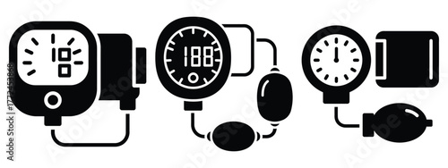 blood pressure monitor icon set, black color and white background