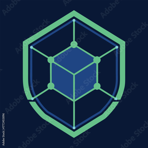 Secure Data Network Shield Illustration of Cube and Connections Representing Cybersecurity for Technology and Business Solutions