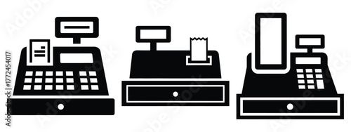 cash register minimal icon set, black color and white background