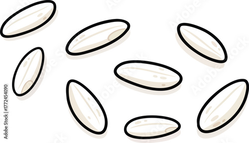 Several Uncooked White Rice Grains Scattered On A White Background Simple Flat Design