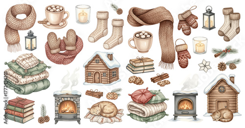A cozy watercolor collection of warm winter home elements, including cocoa mugs, knitted scarves, glowing candles, and snowy wooden cabins.