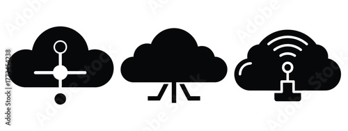 cloud connected hub icon set, black color and white background