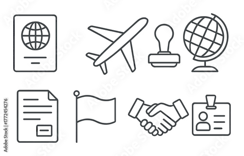 Travel essentials icons: passport, airplane, globe, document, flag, handshake, id badge