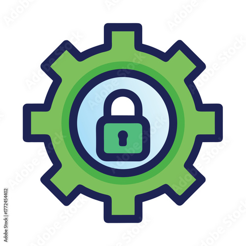 Security mechanism illustration with padlock inside gear symbolizing cybersecurity and data protection for internet safety and digital defense of confidential information