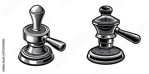 High detail black and white engraving style illustration of a coffee portafilter with a tamper inside. Handle facing right, spout down with a single drop falling. Exact line shading, 