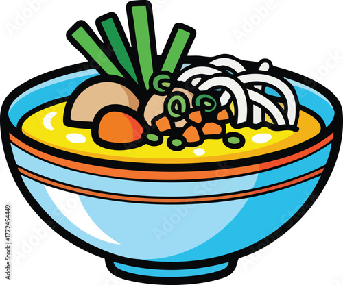 A Light Blue Bowl of Yellow Soup With Noodles Vegetables and Meat With Green Onions On Top