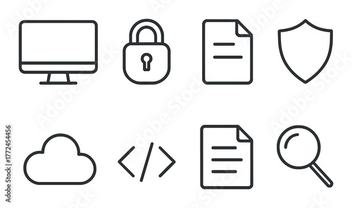 Cyber security icons: monitor, lock, document, shield, cloud, code, magnifying glass