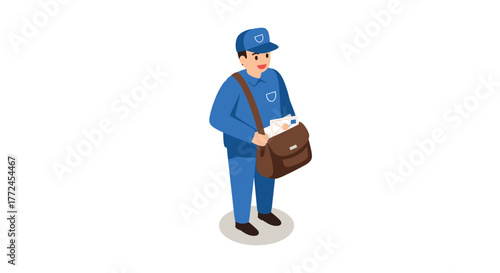 Mail carrier in uniform holding a bag with letters in isometric style on a white background