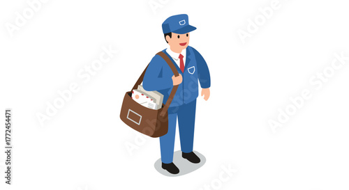 Isometric mail carrier in uniform with bag and letters on white background