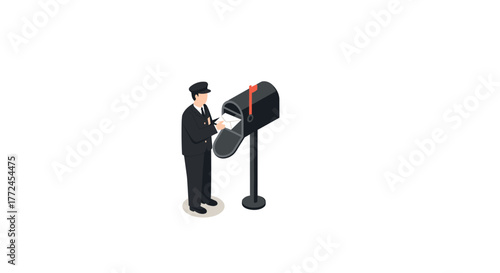 Postman delivering mail to mailbox in isometric style on a white background