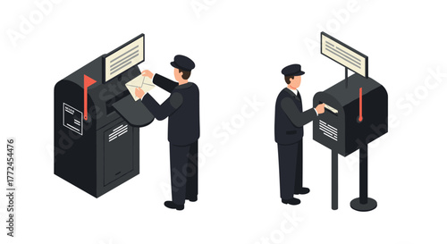 Isometric mailman interacting with machines in uniform illustration