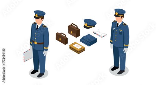 Isometric postal workers and mail elements in uniform