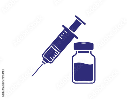 An illustration depicting medical equipment - a syringe and a vaccine bottle set against a white background.
