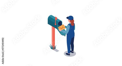 Woman delivering a letter to a mailbox isometric postal delivery scene
