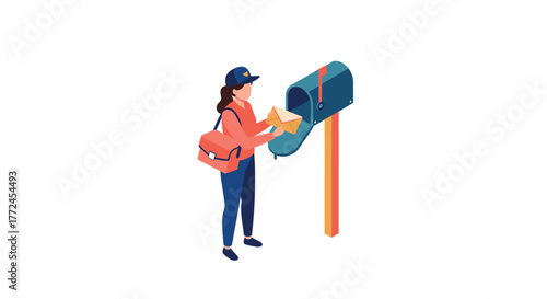 Woman delivering mail at mailbox in isometric style