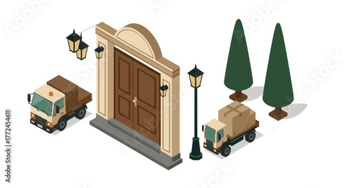 Isometric gate scene with trucks and trees featuring urban elements
