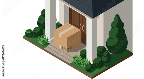 Isometric front porch parcel delivery with greenery and box on steps