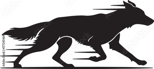  Silhouette of running dog in motion, active pet concept, white background