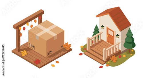 Autumn parcel delivery at cozy cottage with fall leaves