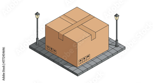 Large cardboard box on paved platform with street lamps in isometric style