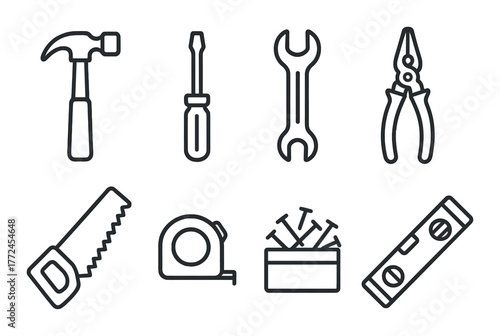 Set of hand tool icons: hammer, screwdriver, wrench, pliers, saw, tape measure, nails, level