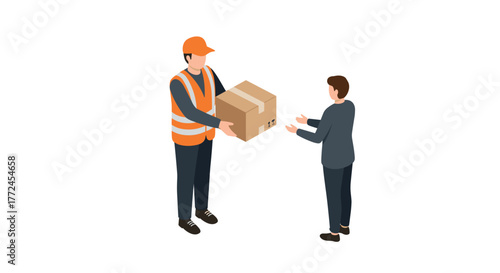 Isometric delivery service worker handing package to customer on white background