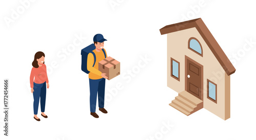 Isometric home delivery concept with courier and customer interaction