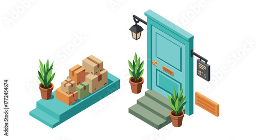 Isometric home delivery scene with packages at doorstep and potted plants