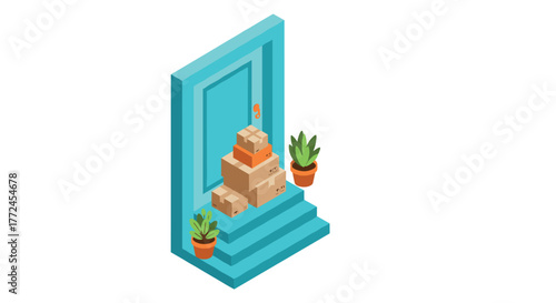 Isometric delivery packages at doorstep with potted plants on blue stairs