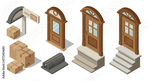 Isometric entrance doors with steps and packages for delivery theme
