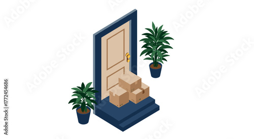 Isometric doorstep package delivery with potted plants in minimalist style