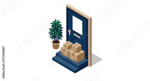 Isometric home delivery concept with packages and doorstep detail