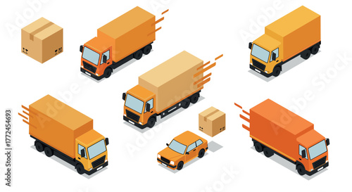 Isometric delivery vehicles and boxes in motion with modern design