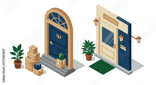 Isometric doorway scene with packages and plants home delivery concept