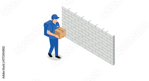 Isometric delivery worker facing brick wall challenge