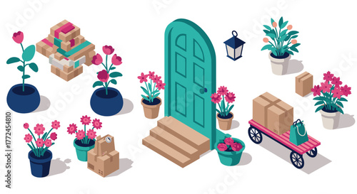 Isometric garden entrance with potted plants and packages